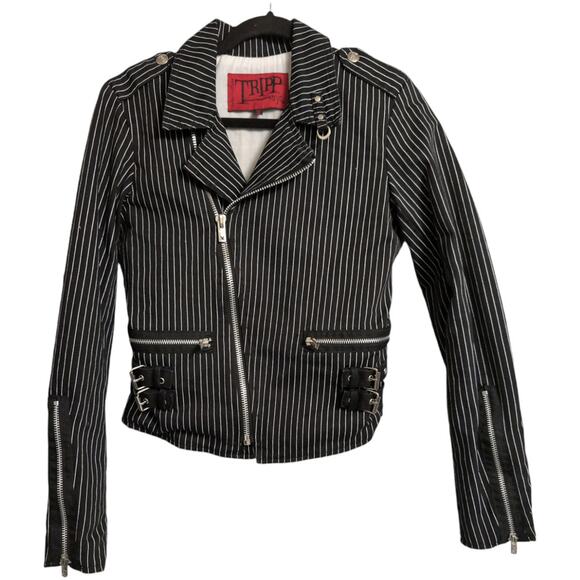 Tripp NYC Black White Striped Asymmetrical Zip Biker Jacket Moto Size M - Picture 1 of 9